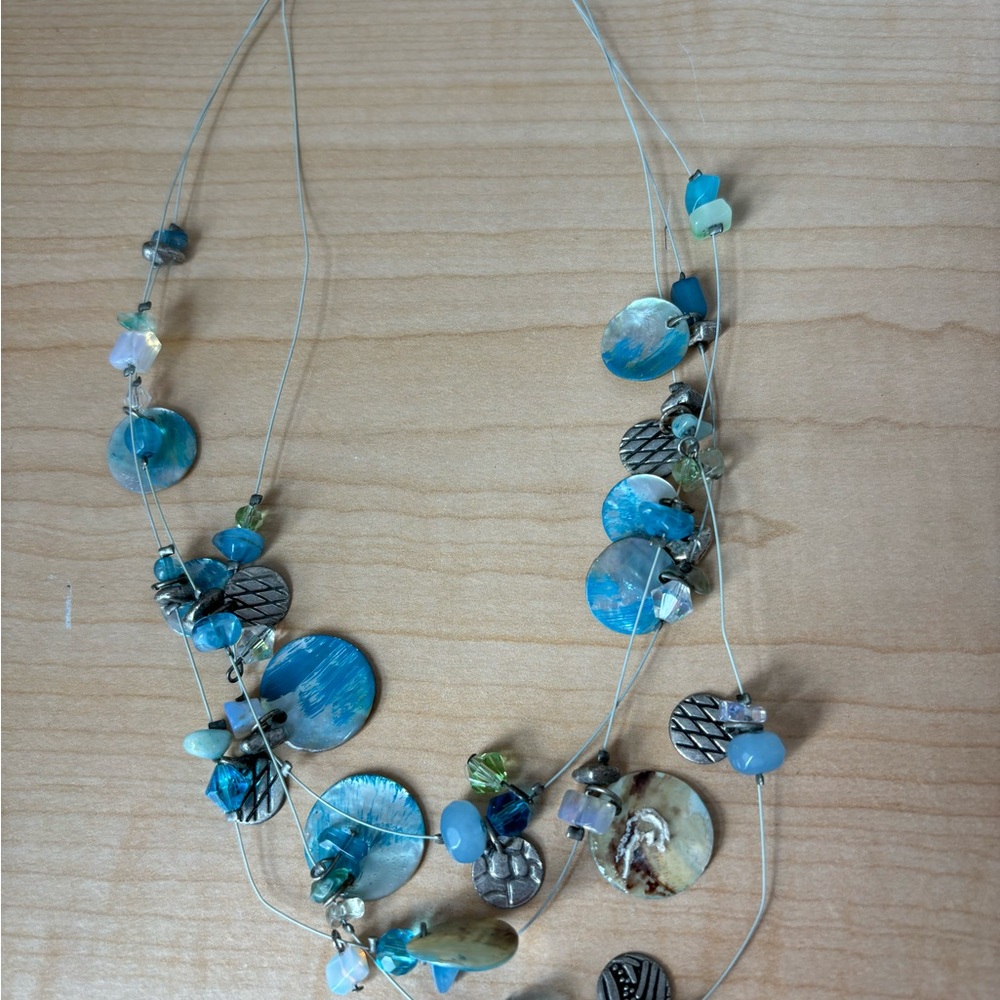 Kole wire necklace/blues, yellows/silver tone/measures 16-18 in total le…